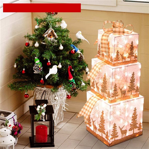 Costway 3 Christmas Gift Boxes Lighted Present Decoration Set with 100 Lights