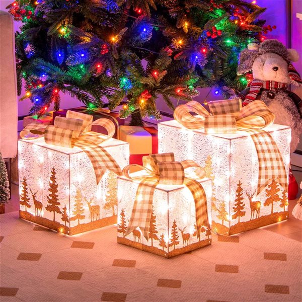 Costway 3 Christmas Gift Boxes Lighted Present Decoration Set with 100 Lights