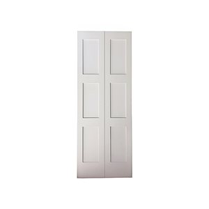 Porte pliante Garson apprêtée blanche à âme pleine et 3 panneau de style shaker, 1 3/4 x 30 x 80 po