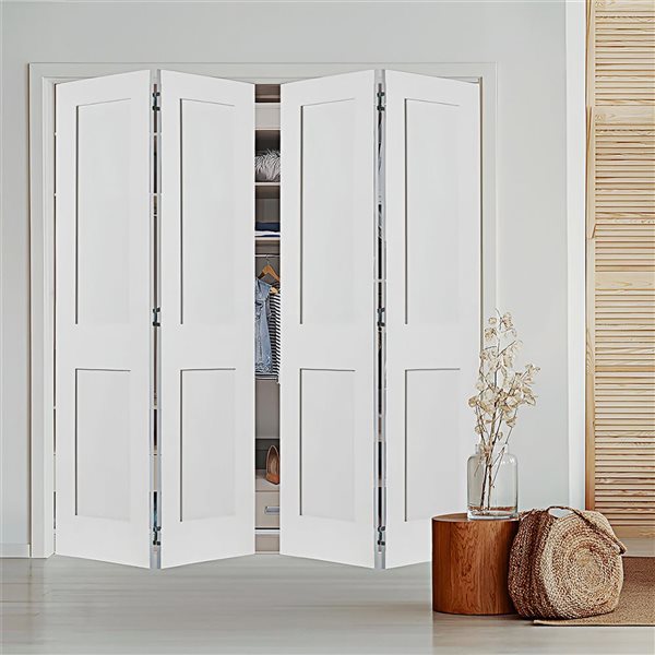 Porte pliante Garson apprêtée blanche à âme pleine et 2 panneaux de style shaker, 1 3/4 x 36 x 80 po