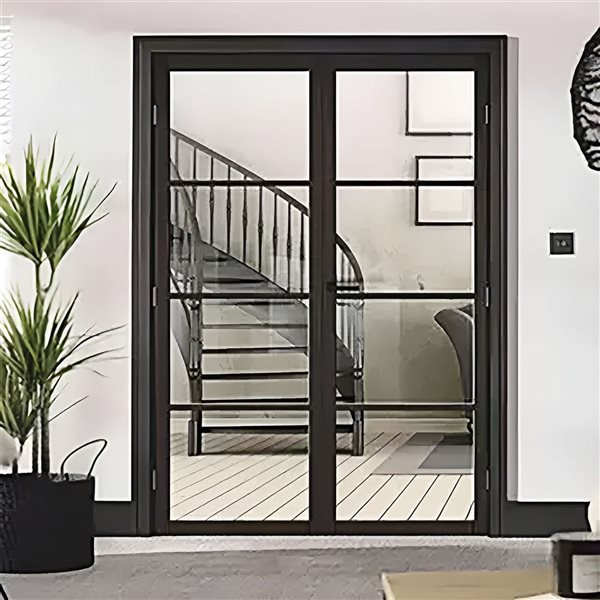 Porte d'intérieur SOHO Garson en verre transparent apprêtée noire de style industriel, 1 3/8 x 26 x 80 po