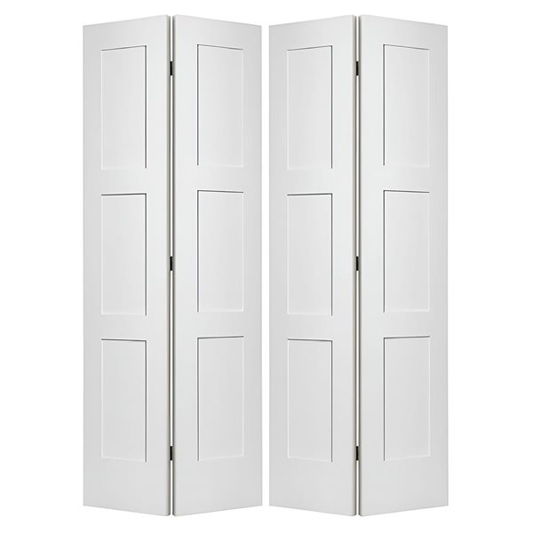 Porte pliante Garson apprêtée blanche à âme pleine et 3 panneaux de style shaker, 1 3/4 x 36 x 80 po