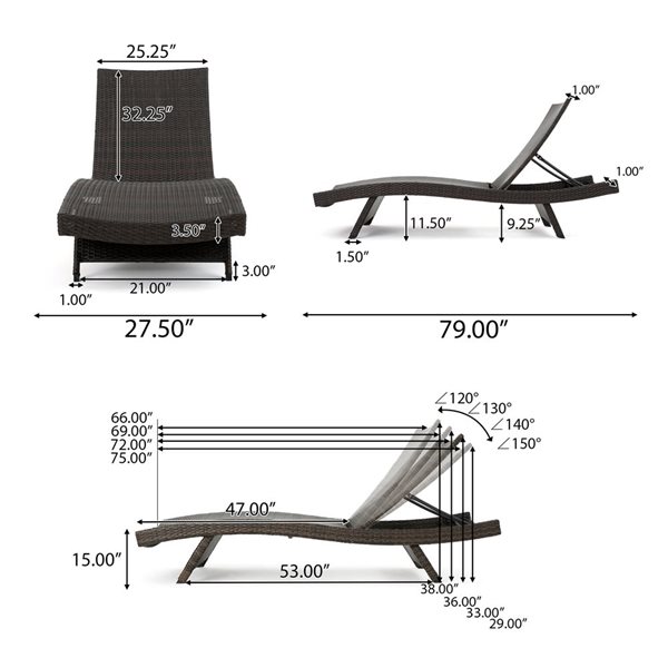 WELLFOR Dark Grey PE Rattan Wicker Outdoor Chaise Lounge w/ Adjustable Backrest