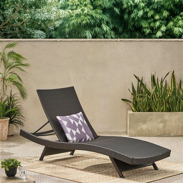 WELLFOR Dark Grey PE Rattan Wicker Outdoor Chaise Lounge w/ Adjustable Backrest