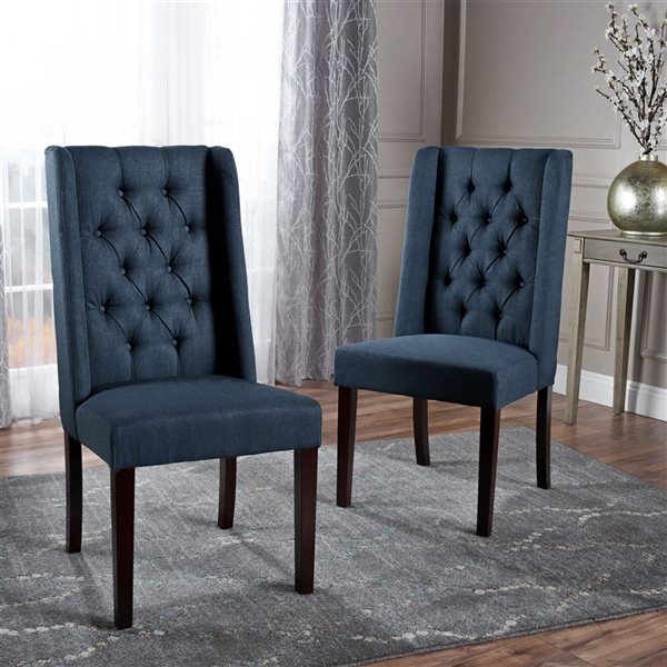 WELLFOR Navy Blue Linen Fabric Modern Dining Chairs w/ Solid Wood Legs - Set of 2