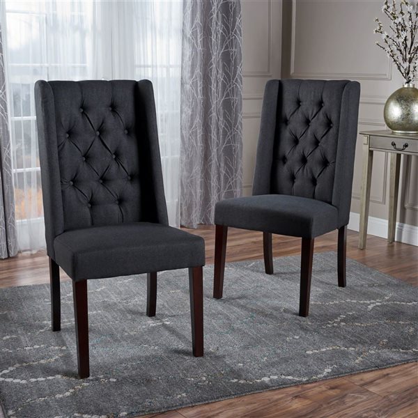 WELLFOR Charcoal Linen Fabric Modern Dining Chairs w/ Solid Wood Legs - Set of 2