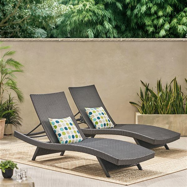 WELLFOR Brown PE Rattan Wicker Outdoor Chaise Lounges w/ Adjustable Backrest - Set of 2