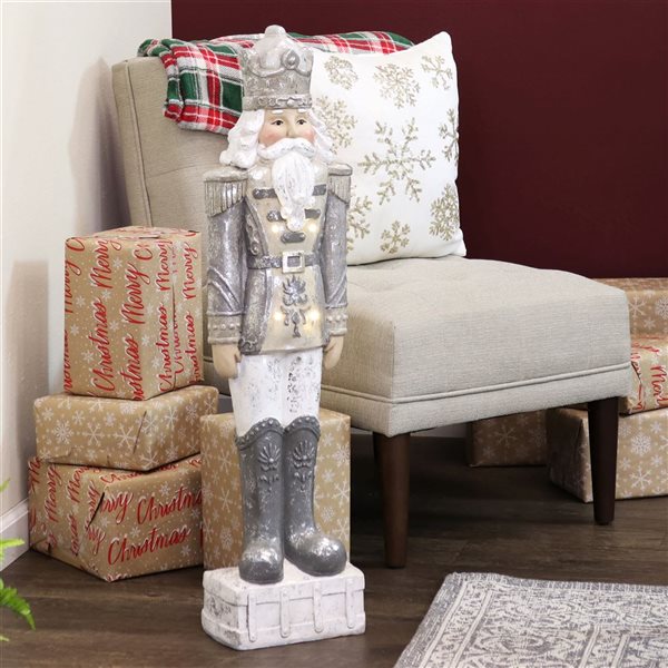 Sunnydaze Decor Alexei the Defender Silver Nutcracker Statue with LED Lights