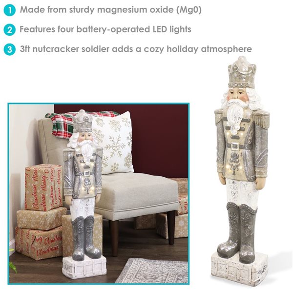 Sunnydaze Decor Alexei the Defender Silver Nutcracker Statue with LED Lights
