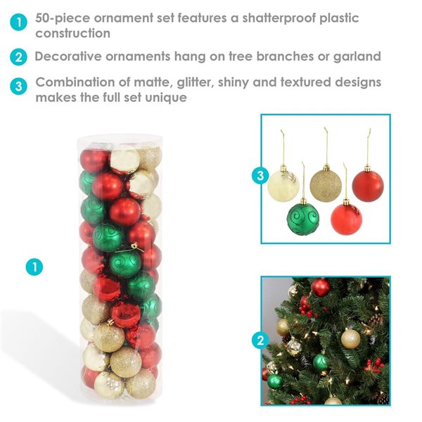 Sunnydaze Decor Holly Jolly 50-Piece Assorted Christmas Ornament Set - 2.25-in