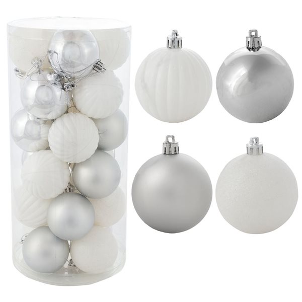 Sunnydaze Decor 60 mm Merry Medley 24-Piece Plastic Ornament Set - White/Silver