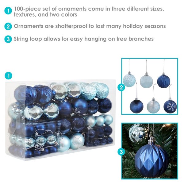 Sunnydaze Decor Winter Wonderland 100-Piece Blue/Silver Assorted Ornament Set