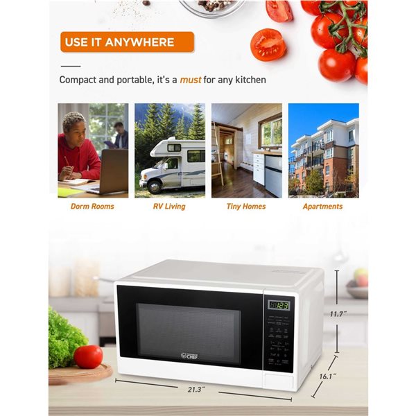 Commercial CHEF 1.1-ft³ Compact Microwave with 10 Power Levels and Push Button - White