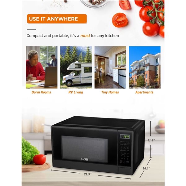 Commercial CHEF 1.1-ft³ Compact Microwave with 10 Power Levels with Push Button - Black