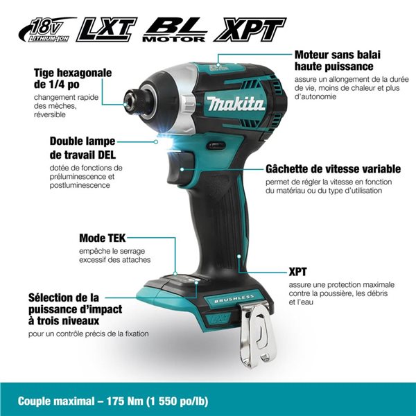 Tournevis à percussion Makita 18 V LXT sans balais 1/4 po, outil uniquement