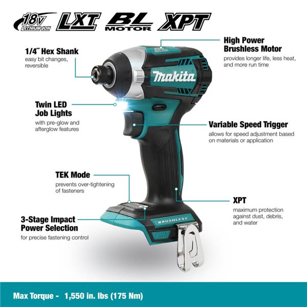 Makita 18V LXT Brushless 1/4-in Impact Driver, Tool Only