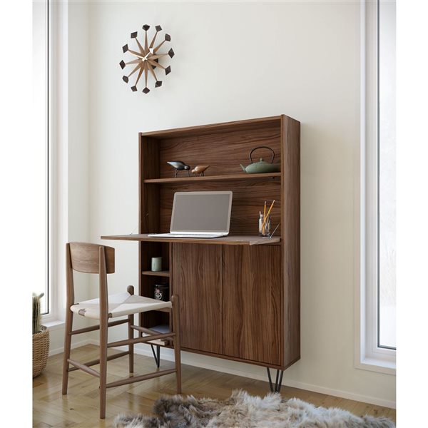 Nexera Slim 36-in W Walnut Wall-Mounted Modern Bar Cabinet/Secretary Bookcase Desk w/ Storage