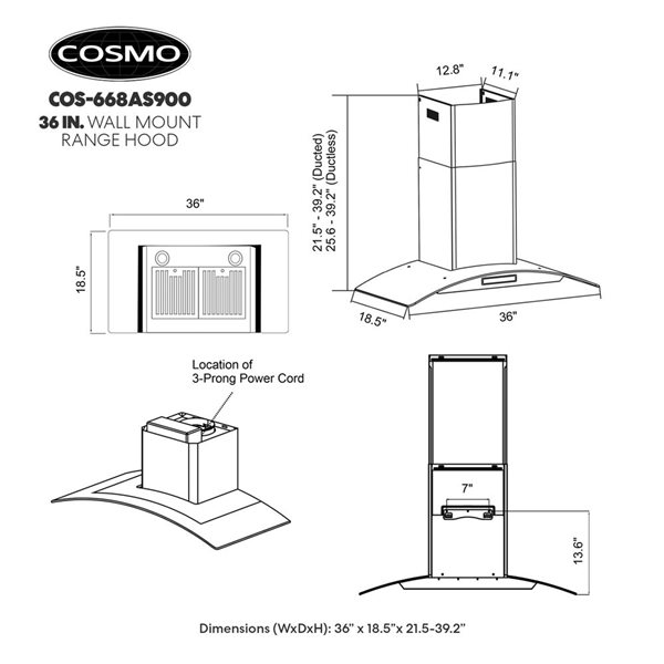 Cosmo 36 in. Ductless Wall Mount Range Hood in Stainless Steel with LED Lighting and Carbon Filter Kit for Recirculating