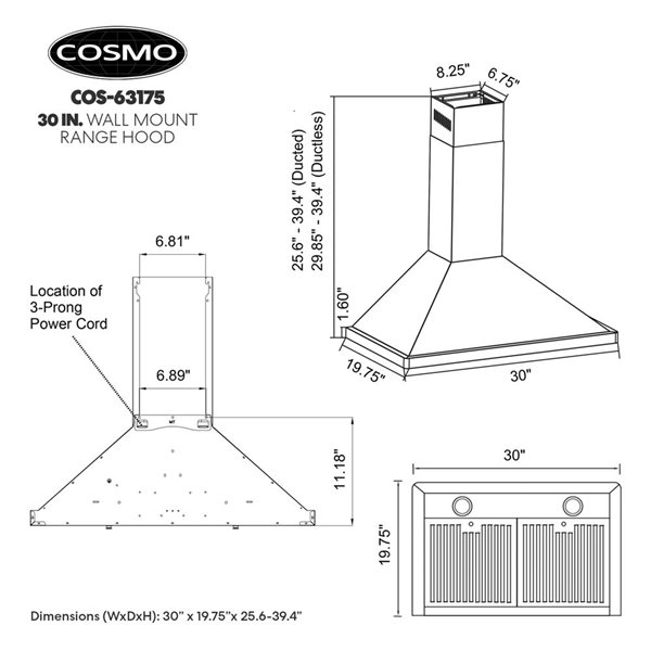 Cosmo 30-in W 380 CFP Ductless Stainless Steel Wall Mount Pyramid Range Hood w/ Touchscreen