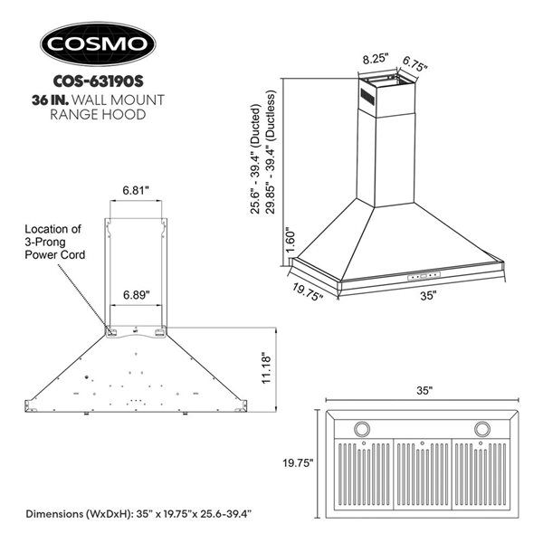 Cosmo 36 in. Ductless Wall Mount Range Hood in Stainless Steel with LED Lighting and Carbon Filter Kit for Recirculating