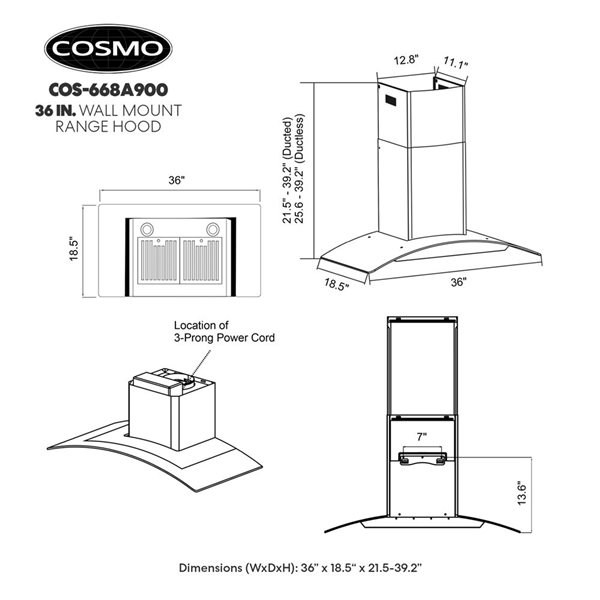 Cosmo 36 in. Ductless Wall Mount Range Hood in Stainless Steel with LED Lighting and Carbon Filter Kit for Recirculating