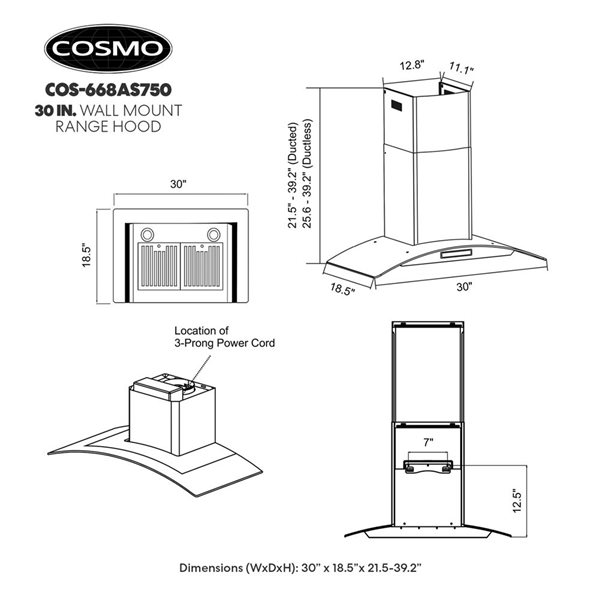 Cosmo 30 in. Ductless Wall Mount Range Hood in Stainless Steel with LED Lighting and Carbon Filter Kit for Recirculating