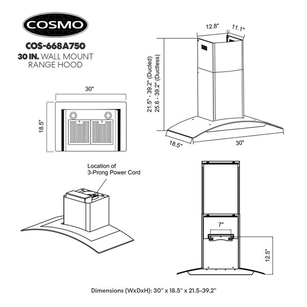 Cosmo 30 in. Ductless Wall Mount Range Hood in Stainless Steel with LED Lighting and Carbon Filter Kit for Recirculating