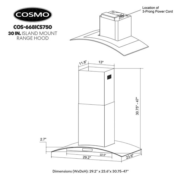 Cosmo 30-in W 380 CFM Ductless Stainless Steel w/ Glass Island Range Hood