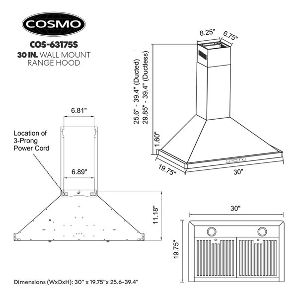 Cosmo 30 in. Ductless Wall Mount Range Hood in Stainless Steel with LED Lighting and Carbon Filter Kit for Recirculating