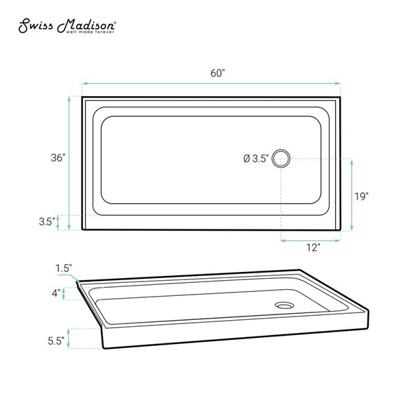 Swiss Madison Lausanne Glossy White Acrylic 60 W x 36-in L Right Drain Shower Base