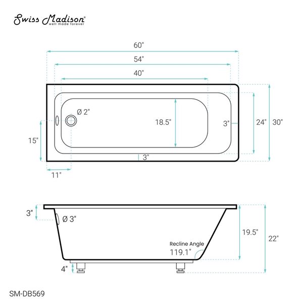 Swiss Madison Lausanne 60 W x 30-in L Glossy White Acrylic Drop-in Reversible Drain Bathtub