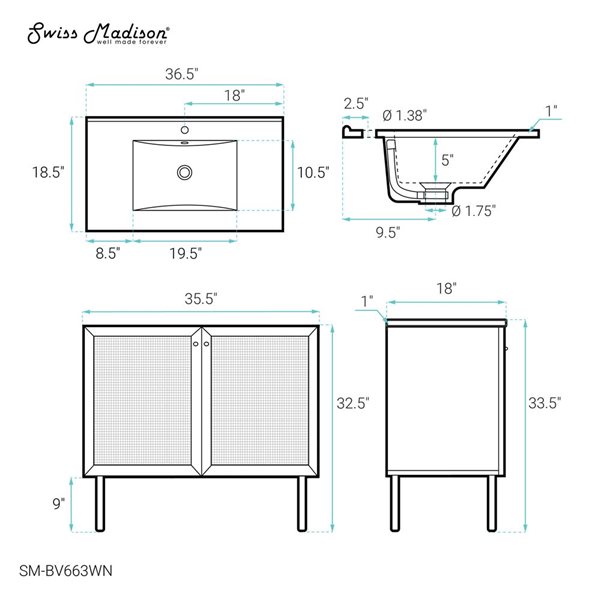 Swiss Madison Chaux 36-in W Brown Oak Freestanding Bathroom Vanity w/ Single Sink Top