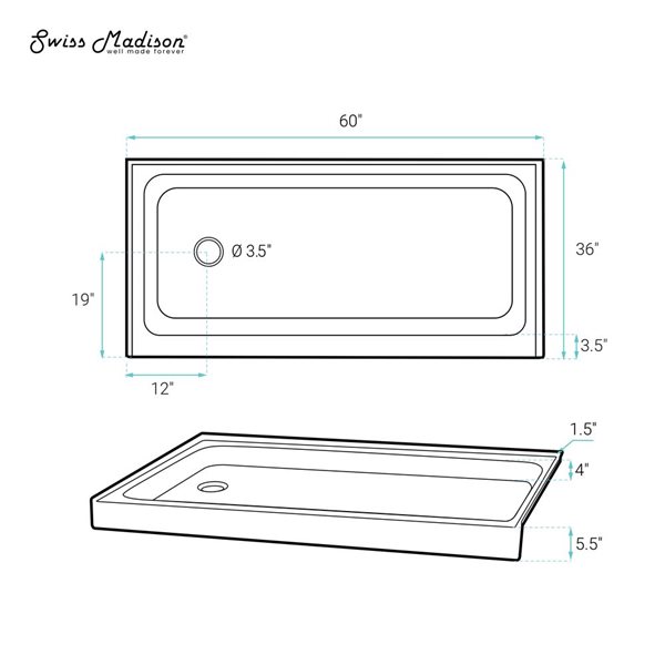 Swiss Madison Lausanne Glossy White Acrylic 60 W x 36-in L Left Drain Shower Base