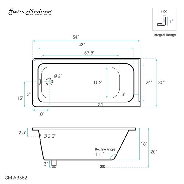 Swiss Madison Lausanne 54 W x 30-in Glossy White Acrylic Alcove Left Drain Bathtub