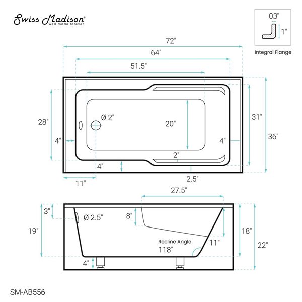 Swiss Madison Lausanne 72 W x 36-in L Glossy White Acrylic Alcove Skirted Left Drain Bathtub w/ Integrated Armrest