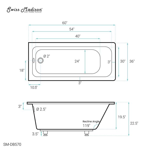 Swiss Madison Lausanne 60 W x 36-in L Glossy White Acrylic Drop-in Reversible Drain Bathtub