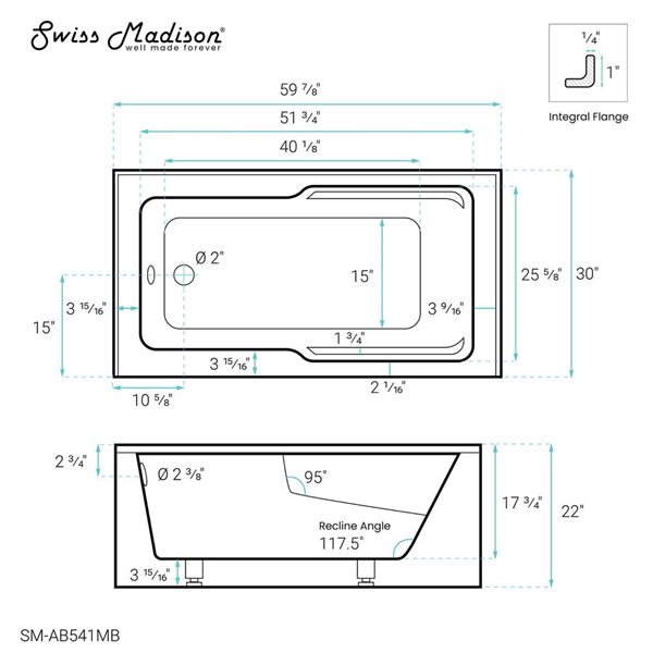 Swiss Madison Lausanne 60 W x 30-in L Matte Black Acrylic Alcove Skirted Left Drain Bathtub w/ Integrated Armrest