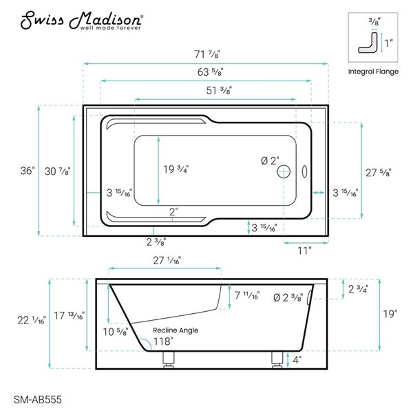 Swiss Madison Lausanne 72 W x 36-in L Glossy White Acrylic Alcove Skirted Right Drain Bathtub w/ Integrated Armrest