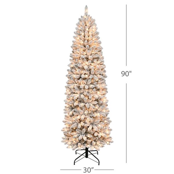 Arbre de Noël artificiel illuminé de Puleo 7,5 pi h. sapin de Birmingham étroit givré blanc 350 DEL