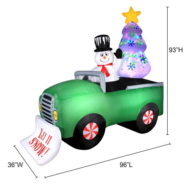 Gonflable de Noël de Occasions 8 L. x 8 pi h. illuminé par DEL, bonhomme de neige dans un camion avec arbre