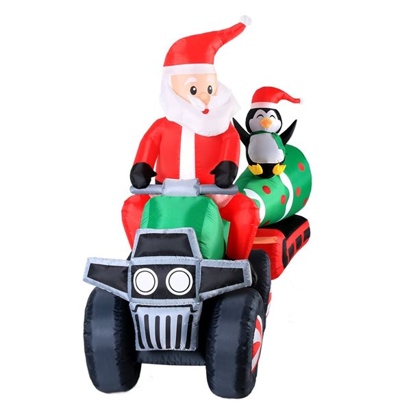 Occasions 12 L x 6-ft H LED Lighted Christmas Inflatable - Santa on ATV Pulling Tree and Penguin