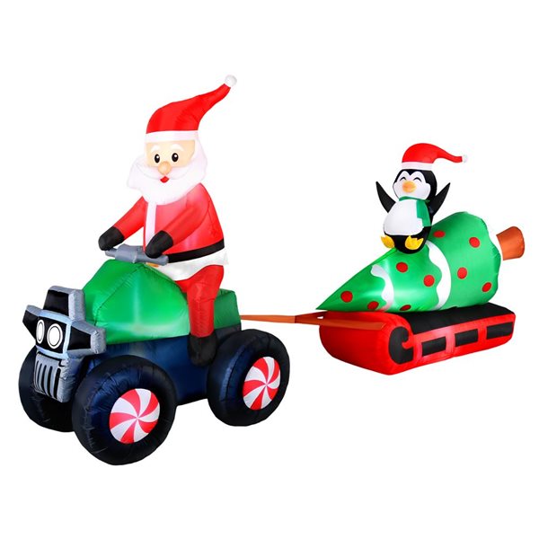 Occasions 12 L x 6-ft H LED Lighted Christmas Inflatable - Santa on ATV Pulling Tree and Penguin