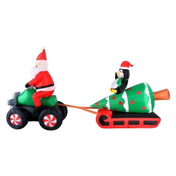 Occasions 12 L x 6-ft H LED Lighted Christmas Inflatable - Santa on ATV Pulling Tree and Penguin