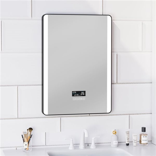 Ecoway Luna 31 H x 23-in W LED Lighted Fog Free Black Rectangular Mirror w/ Bluetooth Speaker and Clock