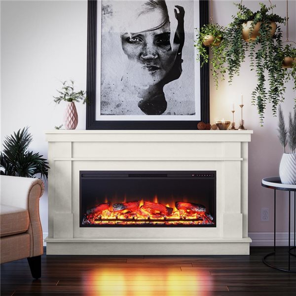 Ameriwood Home Elmcroft White Plaster Engineered Wood Wide Mantel with Linear Electric Fireplace