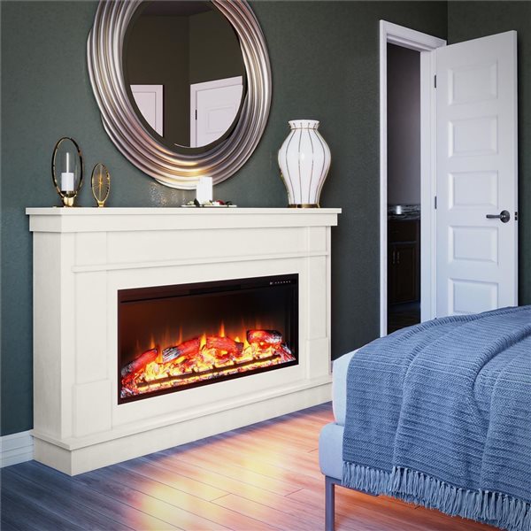 Ameriwood Home Elmcroft White Plaster Engineered Wood Wide Mantel with Linear Electric Fireplace