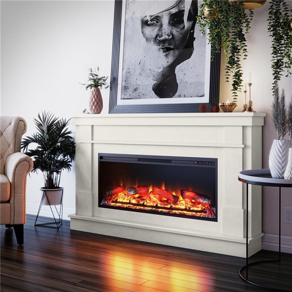 Ameriwood Home Elmcroft White Plaster Engineered Wood Wide Mantel with Linear Electric Fireplace