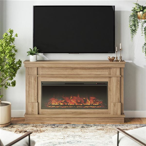 Ameriwood Home Elmcroft Walnut Engineered Wood Wide Mantel with Linear Electric Fireplace