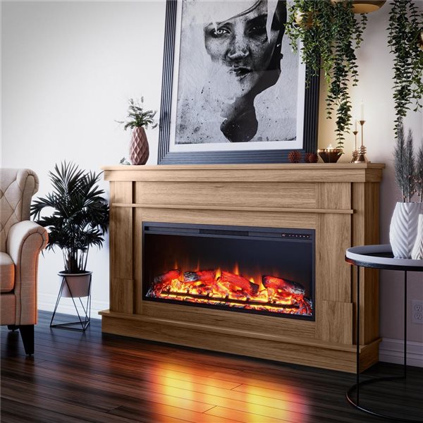 Ameriwood Home Elmcroft Walnut Engineered Wood Wide Mantel with Linear Electric Fireplace