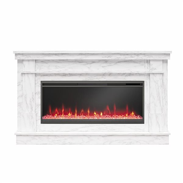 Novogratz Waverly White Marble Engineered Wood Wide Mantel with Linear Electric Fireplace